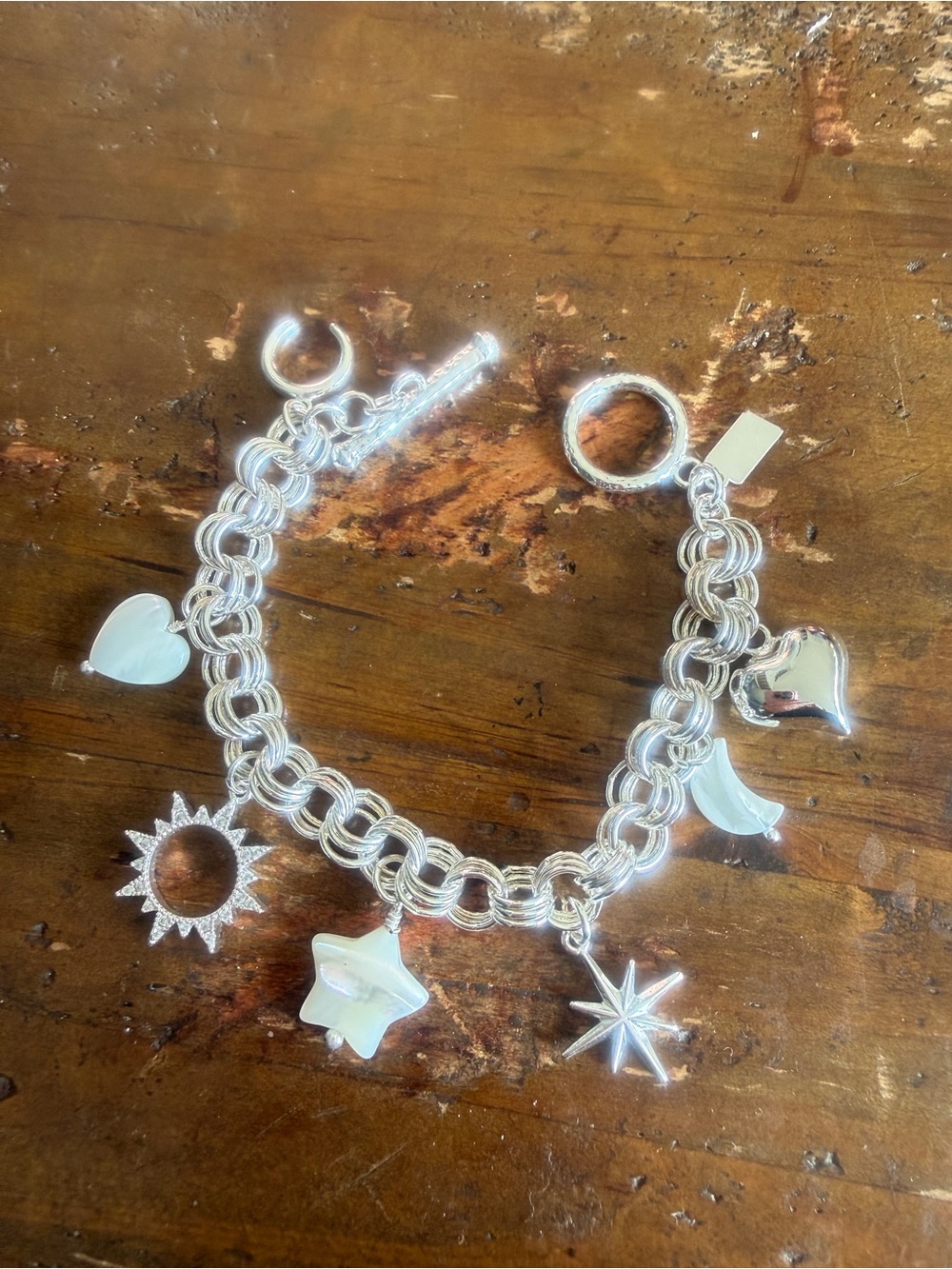 Luna Norte Silver Tone  Heart, Star, Sun Charm Toggle Bracelet